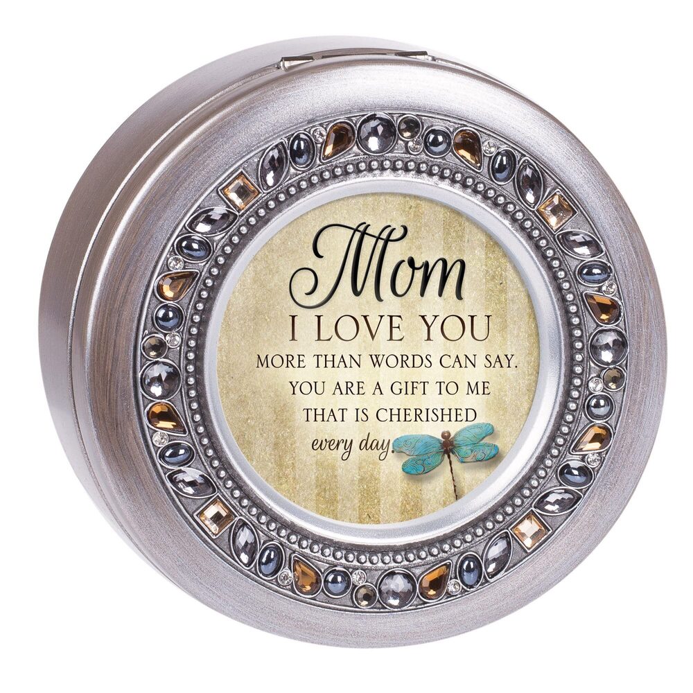 8122 Mom Love You More Everyday Jeweled Pewter Colored Round Music Box